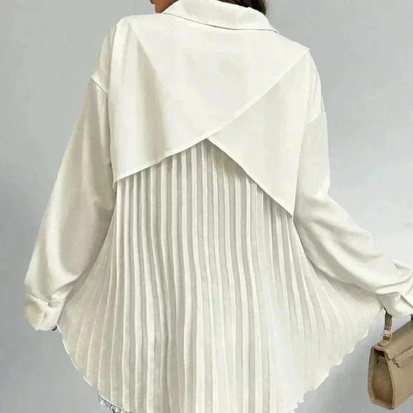 Apricot Casual Women's Solid Color Drop Shoulder Long Sleeve Back Pleated Shirt - Picture 4 of 5